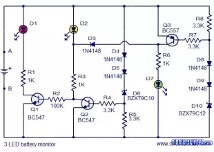 Circuit 3 LED battery monitor Schematic Diagram