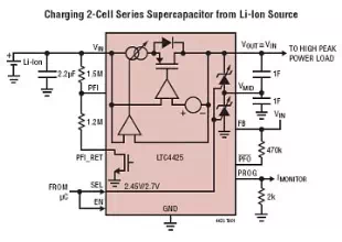 Linear SuperCap Charger with Current-Limited Ideal Diode and V/I Monitor