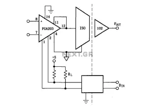 Constituted by the PGA203 and ISO102 Isolated programmable gain instrumentation amplifier