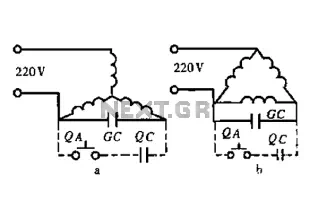 Three-phase squirrel cage motor running single phase connection circuit