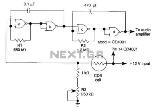 Dark-Activated Alarm With Pulsed Tone Output Circuit