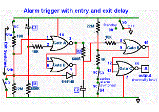 Circuit diagram for basic alarm with delayed trigger