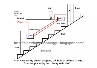 Stair case wiring circuit diagram OR How to control a lamp from two different places by two 2-way switches