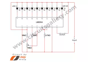 LED dot display based Battery charge level indicator circuit diagram
