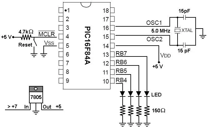 Circuit for a test circuit with the PIC16F84A