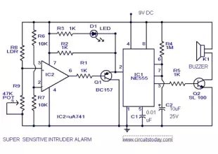 Sensitive Intruder AlarmCircuit using 555 IC and 741 IC