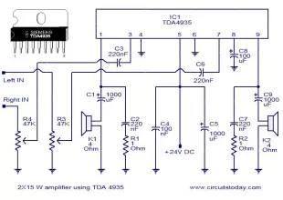 2X15 Watt stereo amplifier using TDA4935