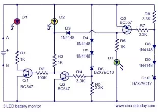 3 LED battery monitor circuit