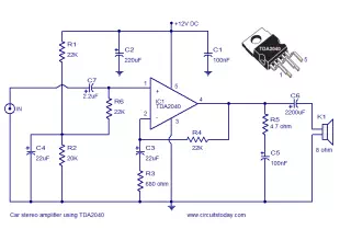Car Amplifier Circuit Schematic using TDA2040 Integrated Audio Amplifier