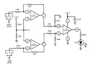 Dual level liquid sensor circuit design using CA3410 op amp