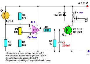 Light Dark Sensor With Relay Circuit Using LM741