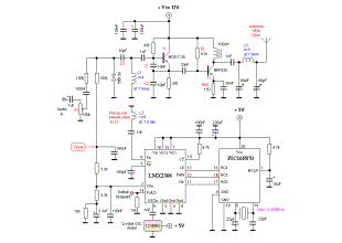 Circuit diagram 500mW FM PLL transmitter 88-108MHz using LMX3206 and PIC16F870
