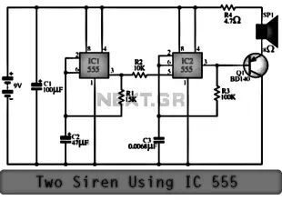 2 Siren Sound Use IC555 Schematic Diagram