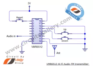 Simple FM Transmitter circuit schematic Long range short range using VMR6512 Hi-Fi Audio FM transmitter module