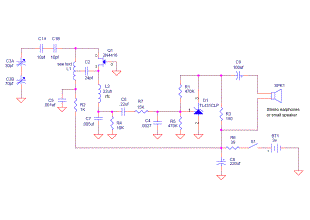 Schematic diagram for the One Transistor FM Radio with Improved Audio Gain