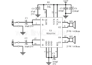 Circuit 22W Stereo Amplifier Using TDA1554