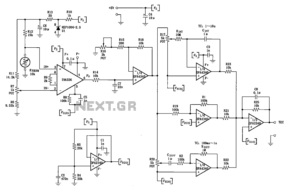 INA326 327 a single power PID Proportional - Integral - Derivative temperature control loop circuit – Circuit Schematic