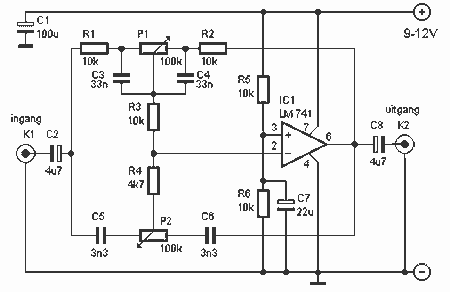 Bass and Tremble Controller ( 741 ) – Circuit Schematic