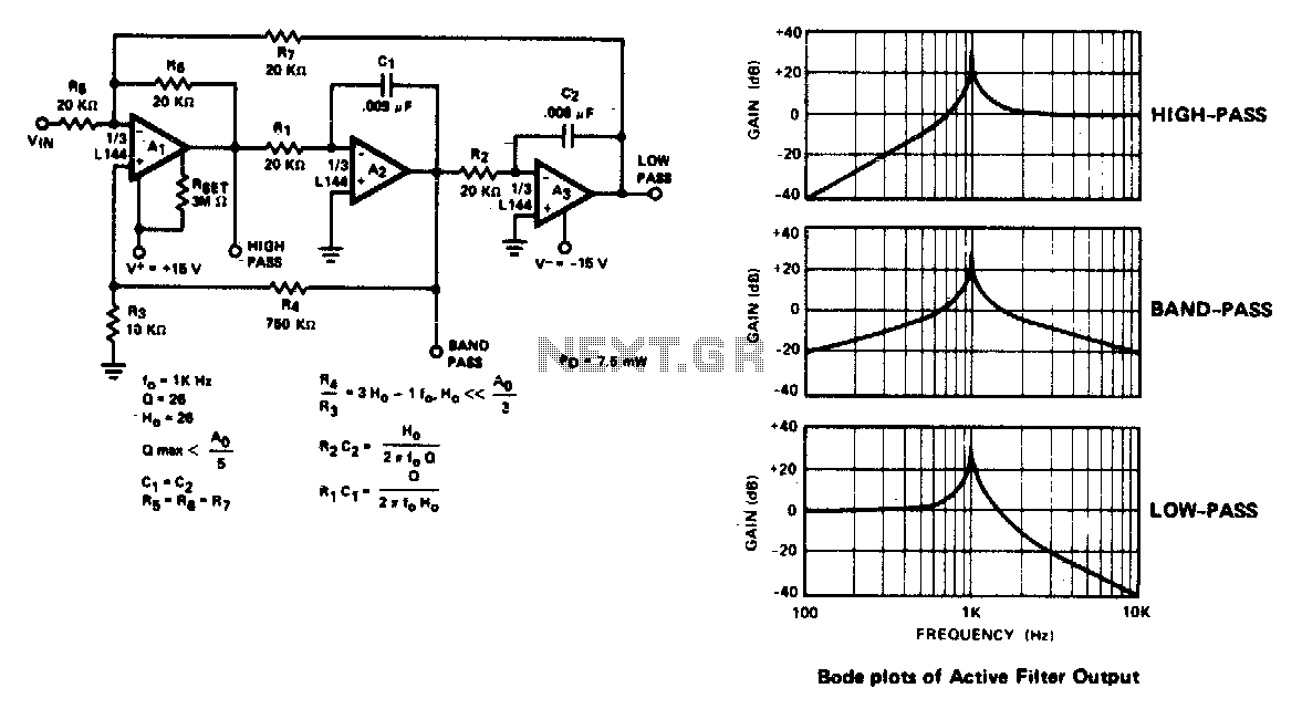 Three amplifier active filter – Circuit Schematic