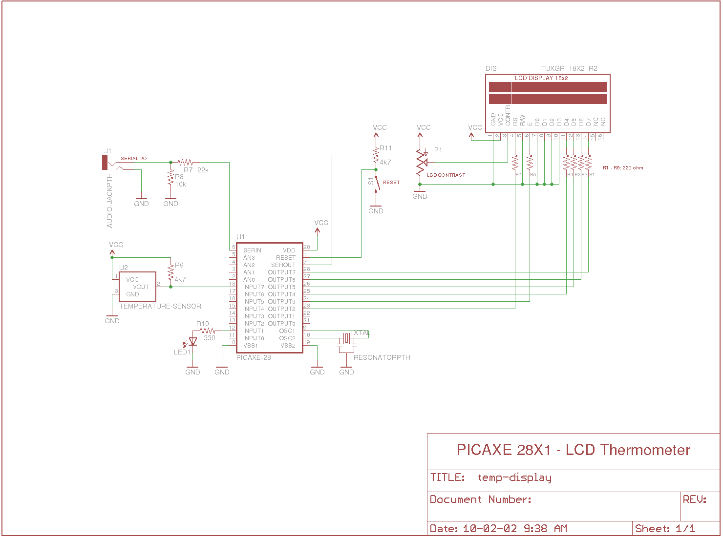 PICAXE LCD Thermometer – Circuit Schematic