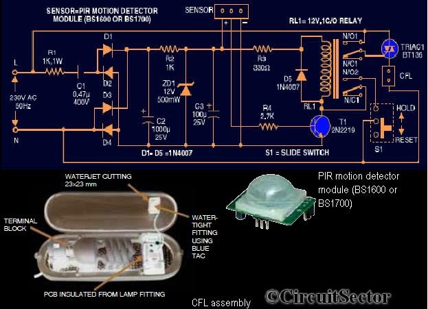 Motion Sensor For Security Light Using PIR BS1600 PCB circuit