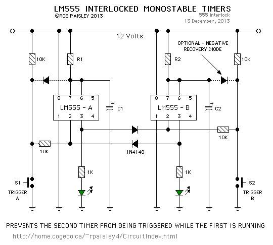 LM555 interlocked monostable timer circuit – Circuit Schematic