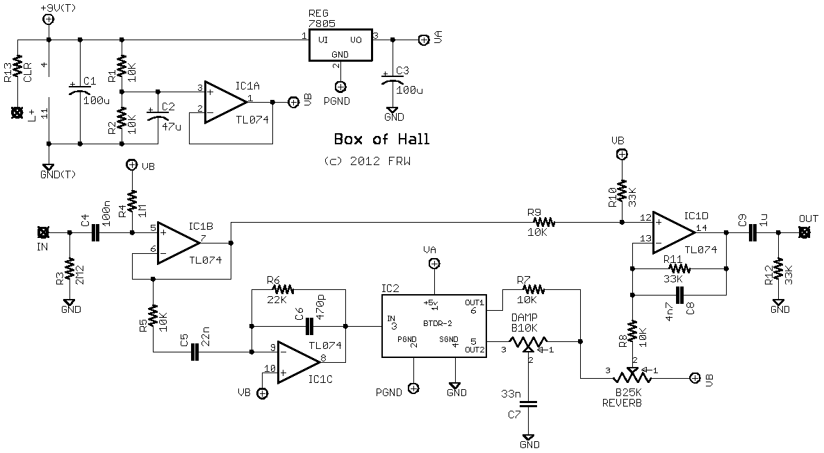 prototype reverb pedal using the accutronicsbelton btdr 2h module – Circuit Schematic