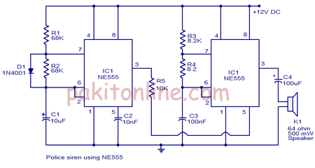 police siren using ne555 – Circuit Schematic