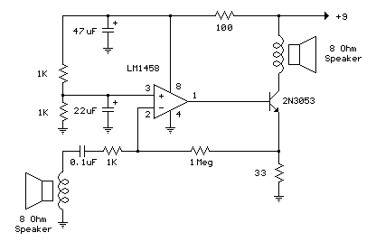 Intercom Circuit with a LM1458 opamp – Circuit Schematic