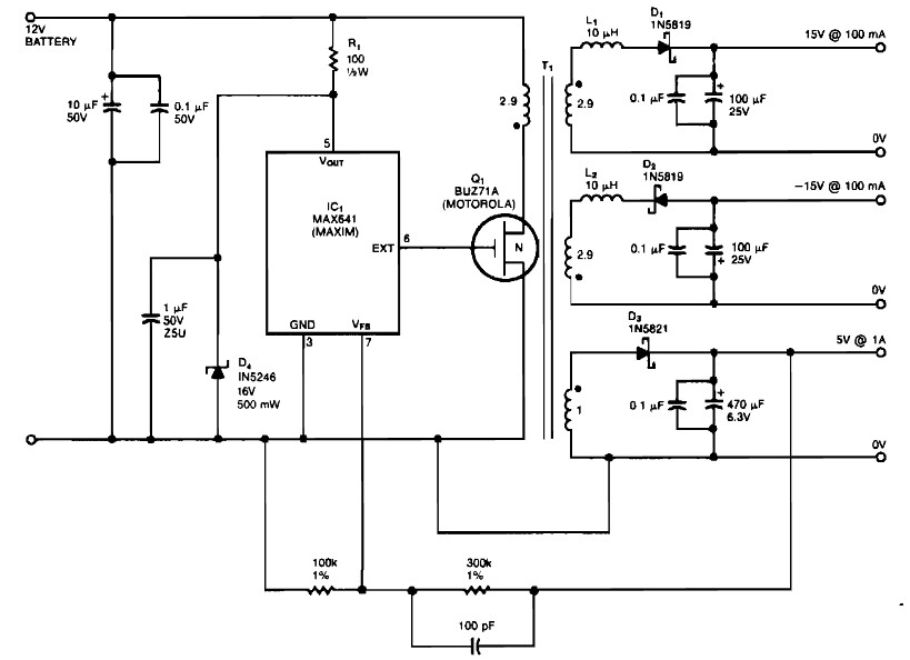 bipolar 15 v and 5v from car battery supply – Circuit Schematic