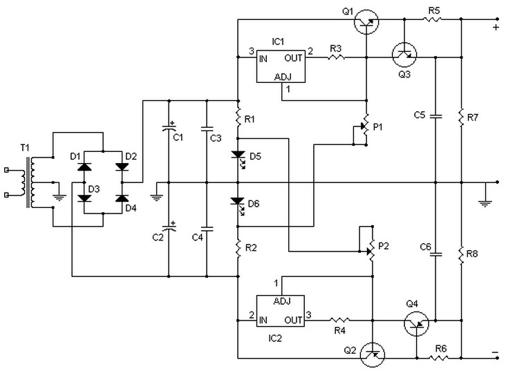 symmetrical regulated power supply and variable 0 to 30v 2a – Circuit Schematic