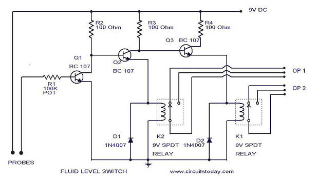 Liquid/Fluid/Water/Float/Tank Level SwitchCircuit using Relay – Circuit Schematic