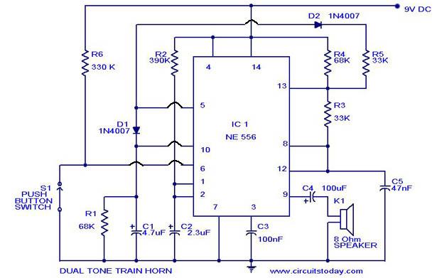 Dual Tone Model Train Horn/Sound Generator Circuit using 556 IC – Circuit Schematic