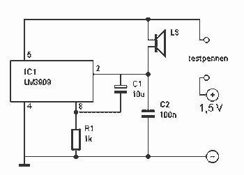 Audio conductivity tester with LM3909 – Circuit Schematic