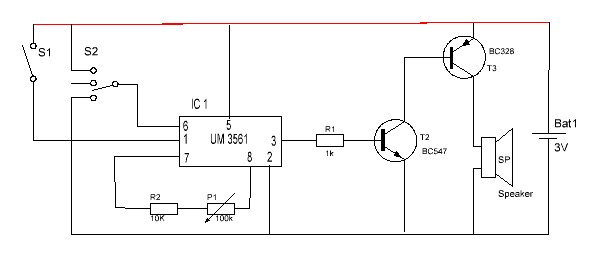 Melody Generator using IC UM3561 – Circuit Schematic