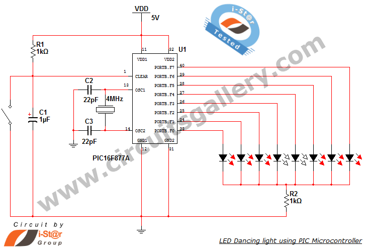 dancing light using pic microcontroller – Circuit Schematic