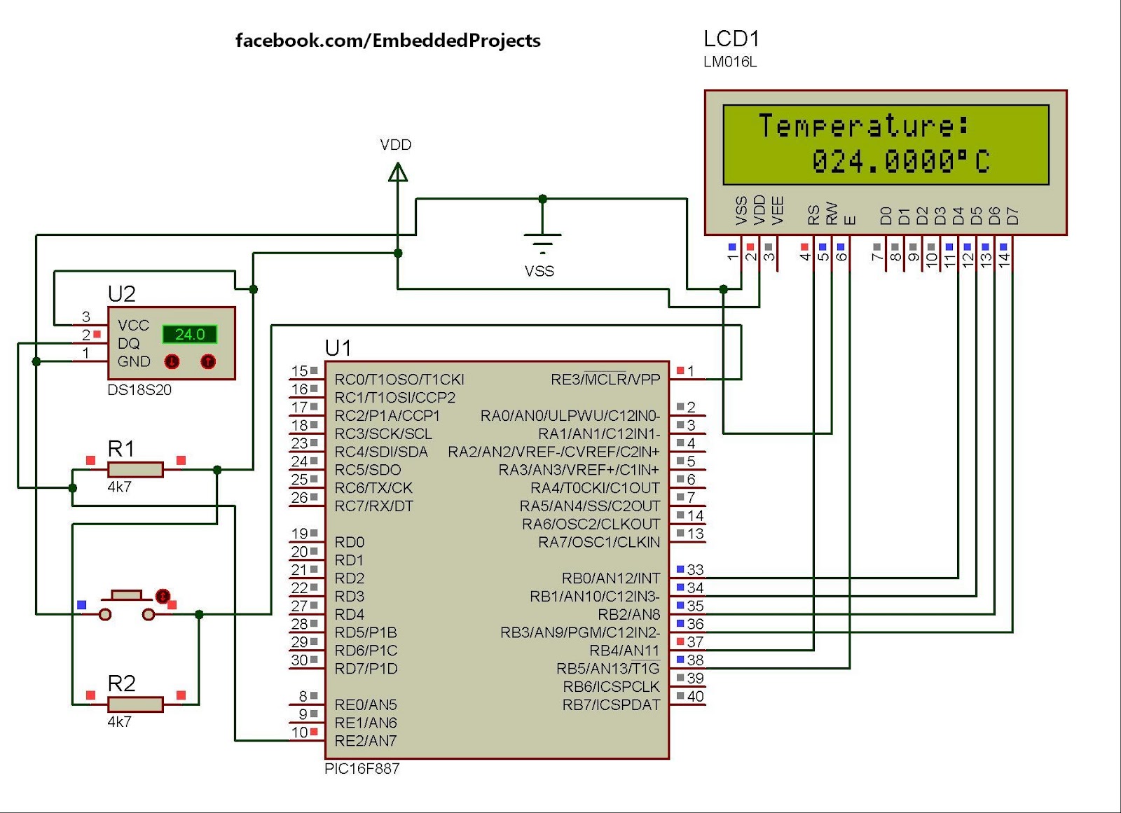 pic 16f887 based digital thermometer circuit