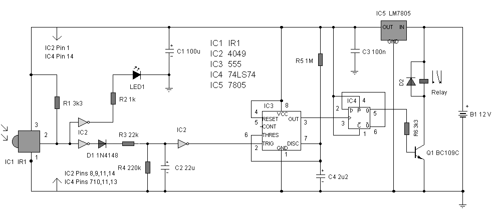 Single Channel Universal Infared Switch by 555 Timer – Circuit Schematic