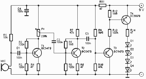 9V LED light organ – Circuit Schematic