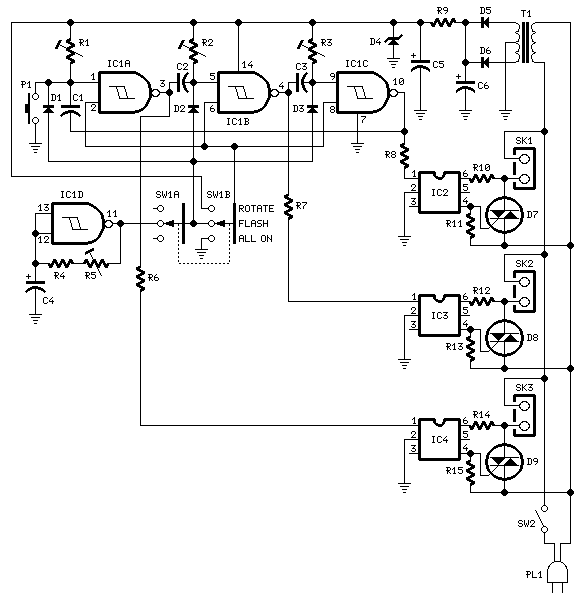 rotating flashing 230v lights – Circuit Schematic