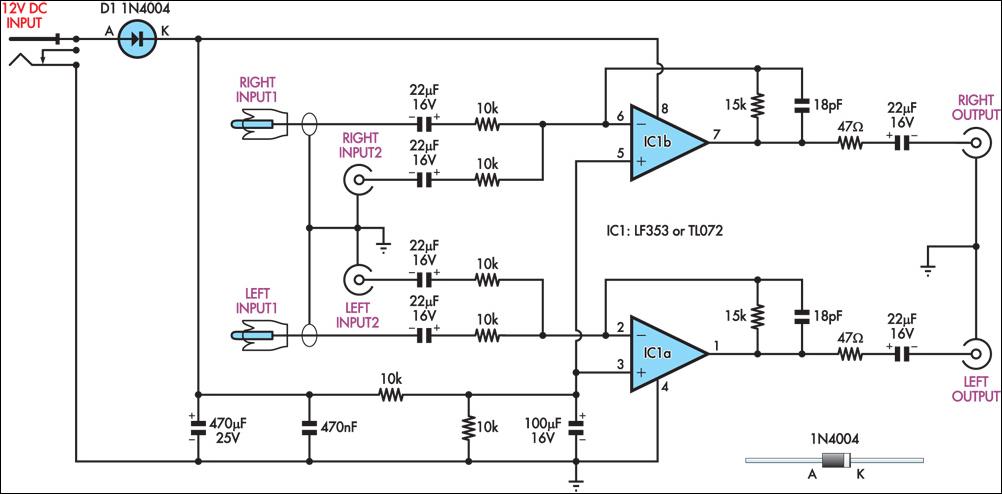 Dual Input-Combining Stereo Line Amplifier – Circuit Schematic