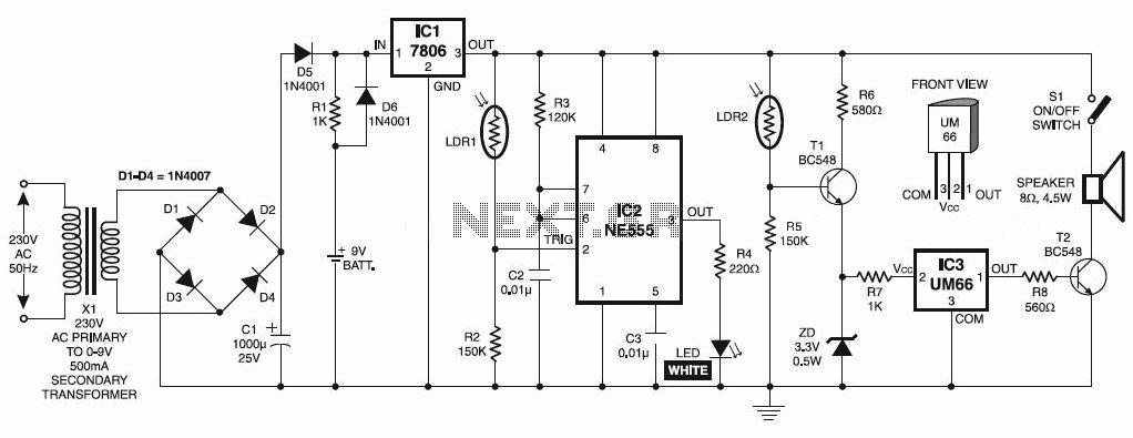 Automatic Night Lamp with Morning Alarm – Circuit Schematic