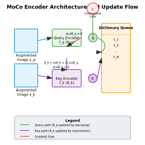 Query and Key Encoders – MoCo (Momentum Contrast) for Vision Tasks – Tutorial Diagram